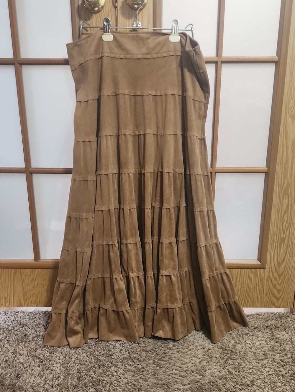 Tribal Light Brown Faux Suede Tiered Maxi Skirt Size 12 Boho Western Festival